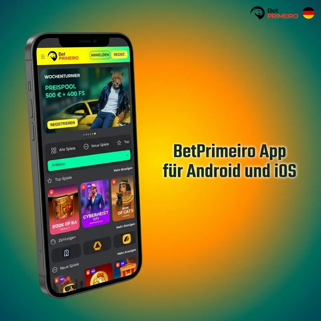 BetPrimeiro mobile app interface showing sports betting and casino games on Android and iOS smartphones