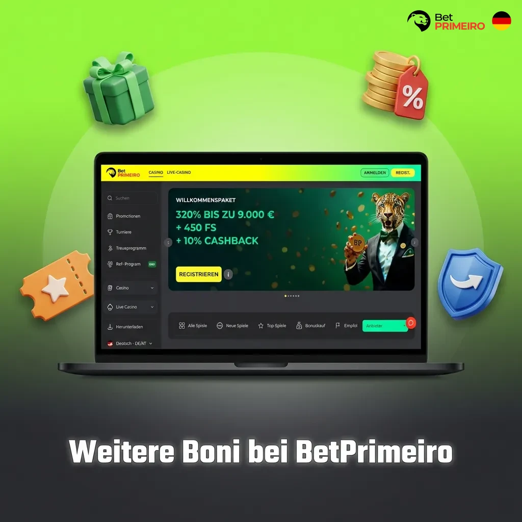 BetPrimeiro additional bonuses including reload bonus, cashback program, VIP loyalty rewards, and Friday free spins
